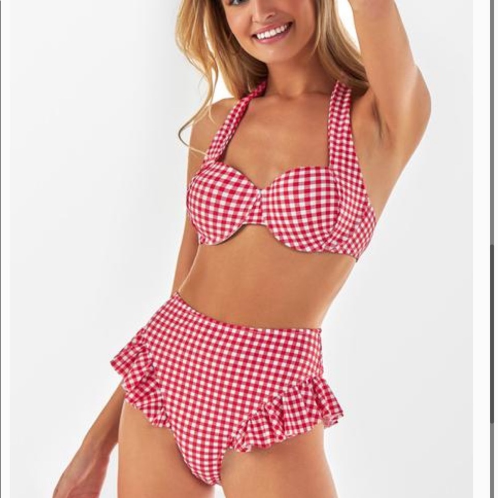 Red Gingham Ruffel Halter High Rise Bikini